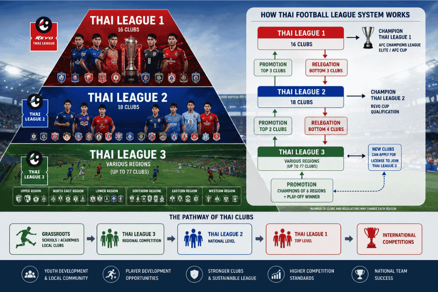 ระบบลีกฟุตบอลไทยจากไทยลีก 1 ถึงไทยลีก 3 เชื่อมโยงกันอย่างไรในฤดูกาลปัจจุบัน