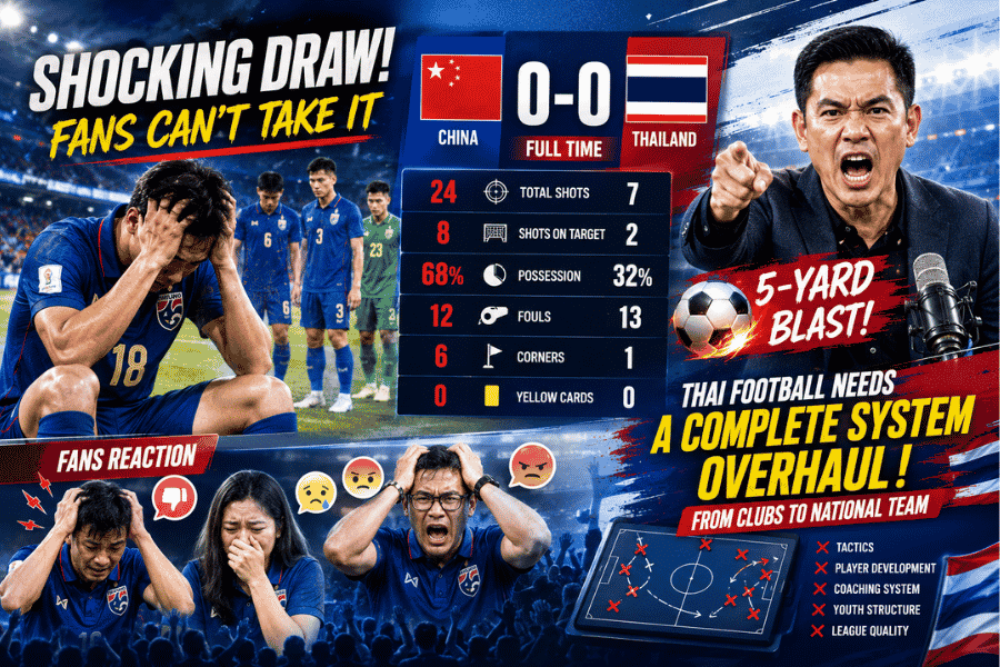 สถิติไทยเจ๊าจีน 0-0 โดนยิง 24 ครั้งไม่พอ โจ้ 5 หลา ฟาดแรง ชี้ช้างศึกต้องรื้อระบบใหม่