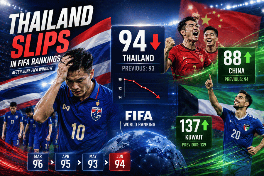 ช้างศึกสะดุด อันดับโลกไทยร่วงที่ 94 หลังฟีฟ่าเดย์เดือนมิถุนายน ขณะที่จีน-คูเวตขยับสวนทาง