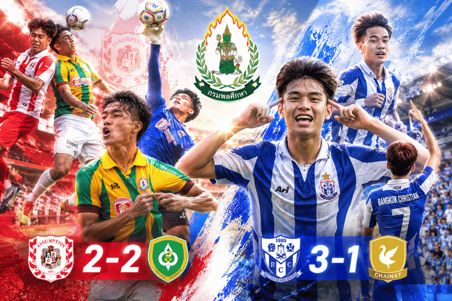 ศึกลูกหนังกรมพลศึกษา 2026 เดือด เทพศิรินทร์ฮึดเจ๊าอัสสัมชัญศรีราชา 2-2 นาทีบาป ส่วนกรุงเทพคริสเตียนแซงชัยนาท 3-1 ยึดจ่าฝูงกลุ่มซี