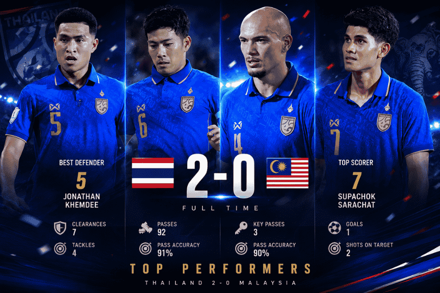 เปิด 4 สถิติเด่นแข้งทีมชาติไทย เกมอัดมาเลเซีย 2-0