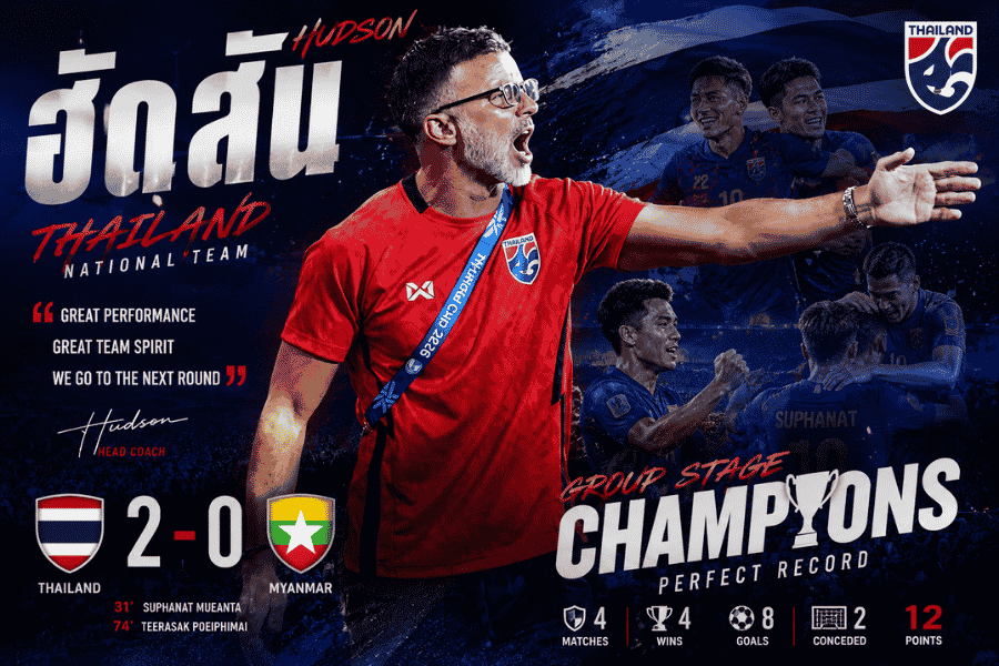 แอนโธนี ฮัดสัน ปลื้มทีมชาติไทยชนะ 4 นัดรวด คลีนชีตทุกเกม พร้อมวางแผนลุยสิงคโปร์รอบรองฯ