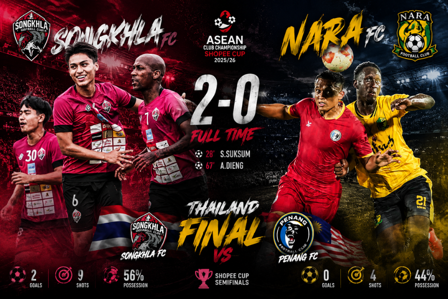 สงขลา เอฟซี อัด นรา 2-0 ลิ่วชิง Songkhla Pao Charity 2026 ดวล ปีนัง เอฟซี ก่อนเปิดฤดูกาลใหม่