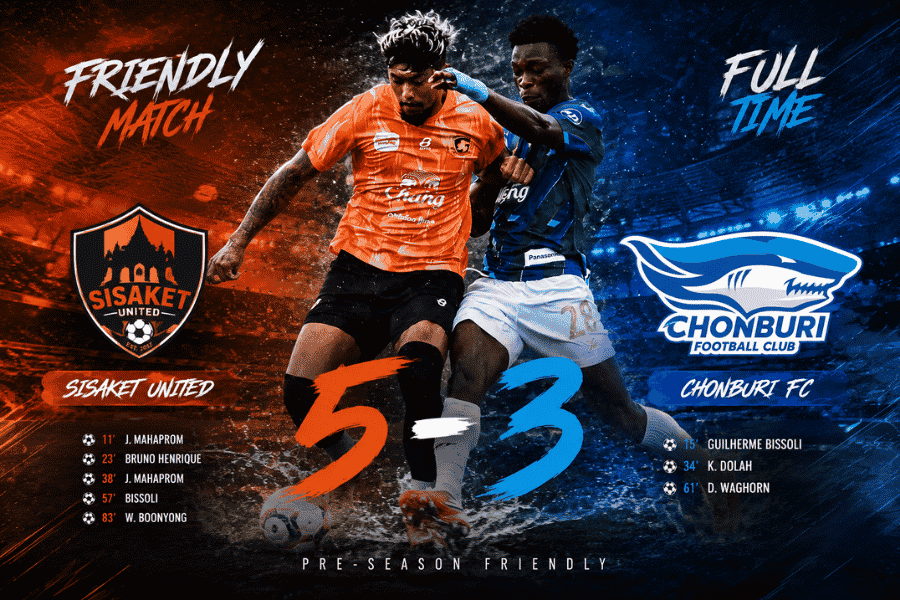 ศรีสะเกษ ยูไนเต็ด บุกอัด ชลบุรี เอฟซี 5-3 เกมอุ่นเครื่อง ส่งสัญญาณพร้อมลุยไทยลีก 2026/27