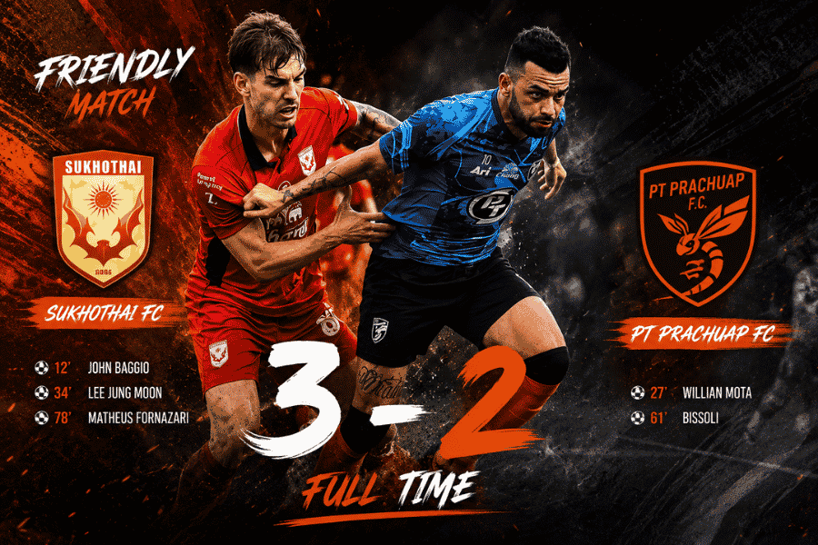 สุโขทัย เอฟซี ฟอร์มแรงต่อเนื่อง เฉือน พีที ประจวบ 3-2 อุ่นเครื่องปรีซีซั่น