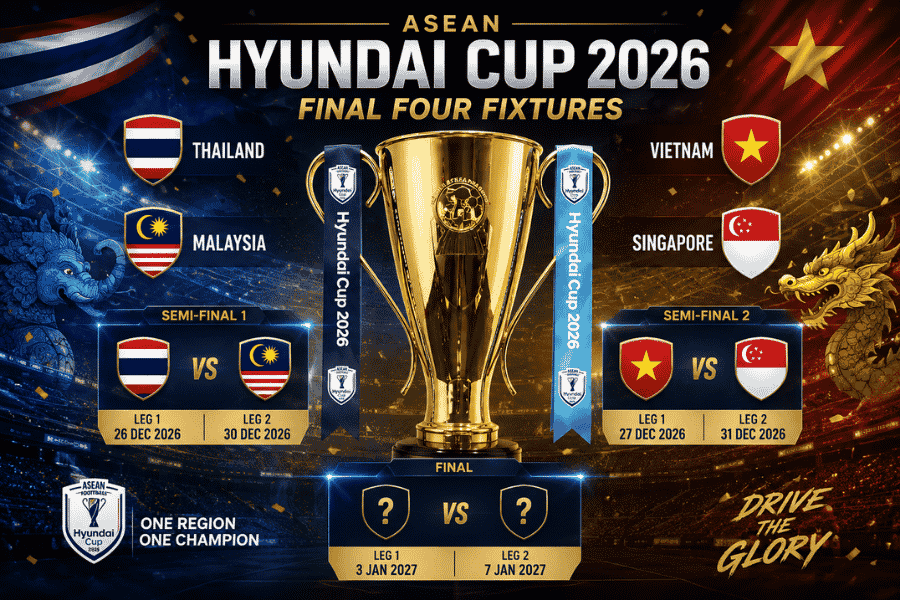 เปิดโปรแกรม 4 ทีมสุดท้าย อาเซียน ฮุนได คัพ 2026 ไทยชนสิงคโปร์ เวียดนามดวลมาเลเซีย ลุ้นตั๋วชิงแชมป์